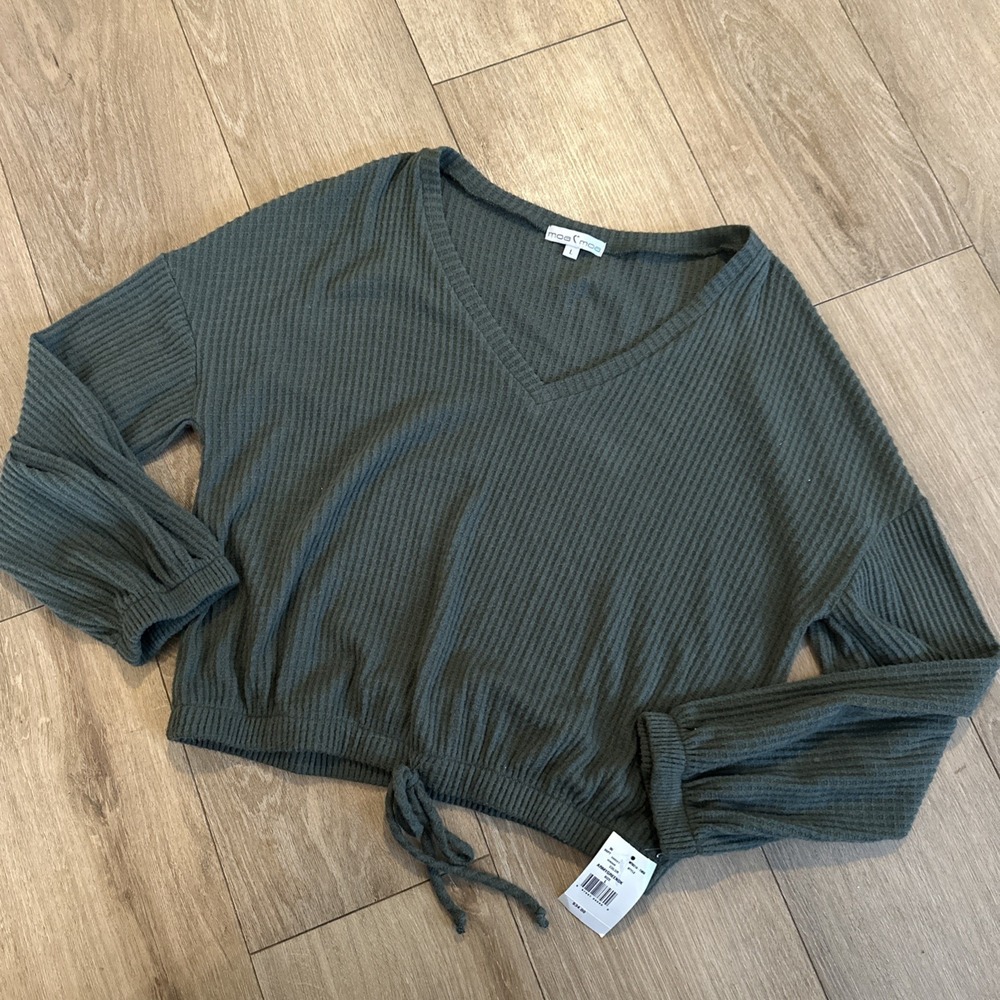 Moa Moa Women's Waffle Knit V Neck Elastic Waist Shirt‎ L/S Army Green Large NWT